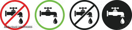Water tap icons set with prohibition and approval signs, faucet with drop symbols in red, green and black for plumbing and safety concepts