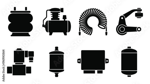 Pneumatic suspension system parts flat icons set including air compressor tank bellows and valves