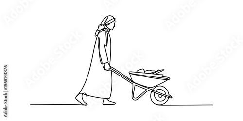A continuous line drawing of a person in traditional clothing pushing a heavy metal wheelbarrow Vector, illustration