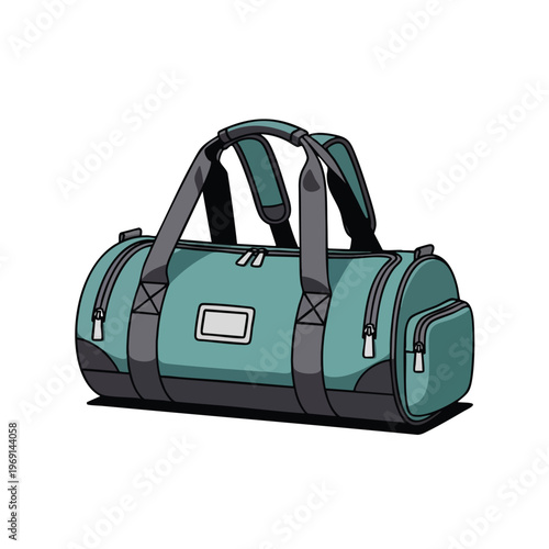 A teal duffel bag with gray handles and zippers sits on a white background