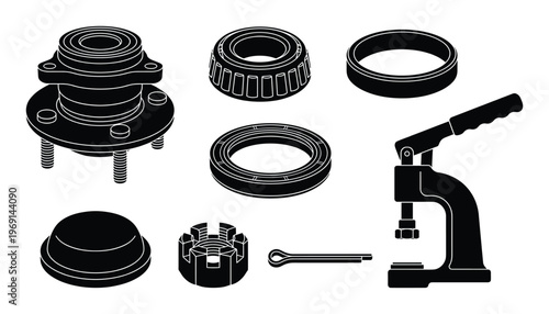 Set of black and white automotive parts icons for vehicle repair and maintenance