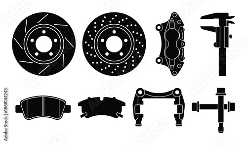 Set of black brake auto car parts on transparent background car maintenance service items