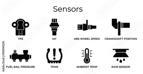 Set of black automotive car sensors vector illustration isolated on transparent background