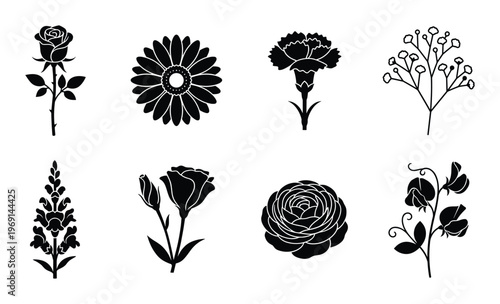 Set of black silhouette floral icons, various flowers for design and decorative elements