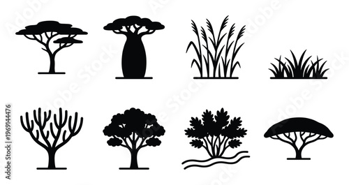 Set of black silhouettes of african trees and plants on transparent background isolated