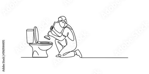 Continuous line drawing of a professional plumber kneeling to fix a clogged toilet with a plunger Vector, illustration