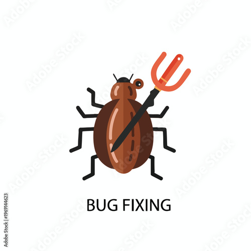 Brown bug with pitchfork, implying bug fixing or problem resolution