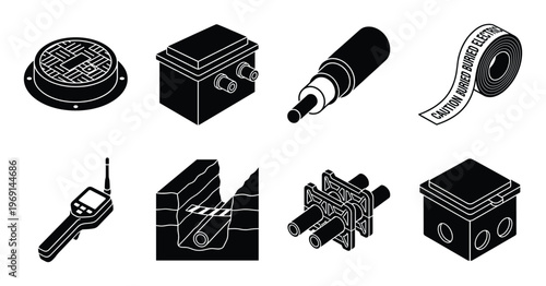 Set of black silhouettes of underground electric equipment on transparent background isolated
