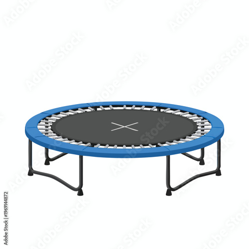 Round trampoline with black mat, blue safety pad, and sturdy black legs