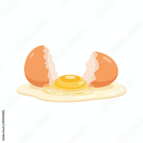 A cracked brown egg spills its yolk and white onto a white background
