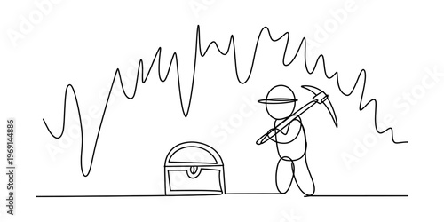 A simple line drawing of a stick figure miner holding a pickaxe standing beside a treasure chest Vector, illustration