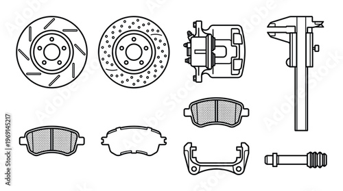 Set of outline brake auto car parts on transparent background car maintenance service items