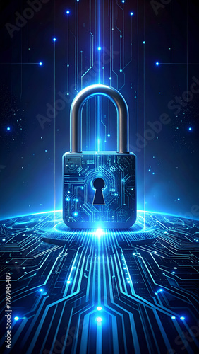Cybersecurity Lock on Digital Circuit Board - Protecting Data.