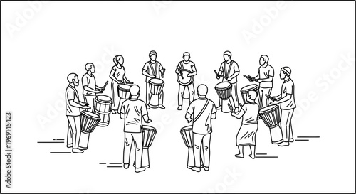 Ensemble of people immersed in a communal drum circle performance creating powerful rhythms together