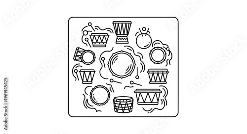 A vibrant collection of rhythmic percussion instruments and elements in a modern line art style