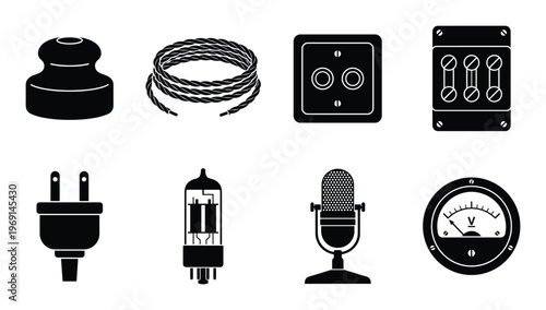 Set of vintage electrical components and devices vector illustration isolated on transparent
