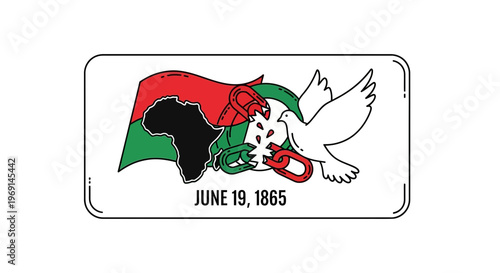 Symbolic illustration of Juneteenth emancipation day with pan-african flag, broken chains, and a