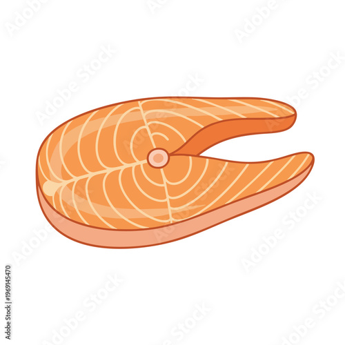 A stylized, bright orange salmon steak with white fatty lines, on a white background