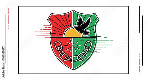 Quadrangular shield emblem featuring elements of liberation and aspiration in a modern