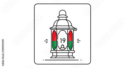 Minimalist outline lantern icon with number nineteen and vibrant red green accents