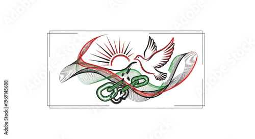 Abstract graphic symbolizing peace, freedom, and renewed hope with a dove, broken chain, and