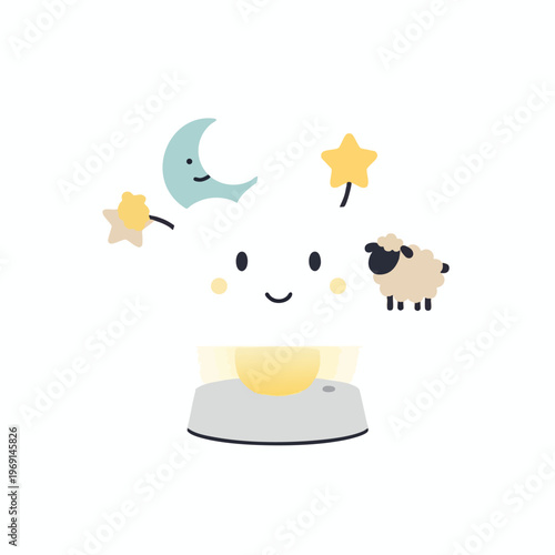 Cute, smiling cloud projector with moon, stars, and sheep for bedtime