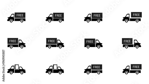 Collection of twelve black and white icons representing delivery trucks with the word "free" on their sides