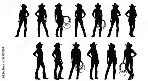 Collection of various cowgirl silhouettes wearing hats and boots in western style vector illustration design.