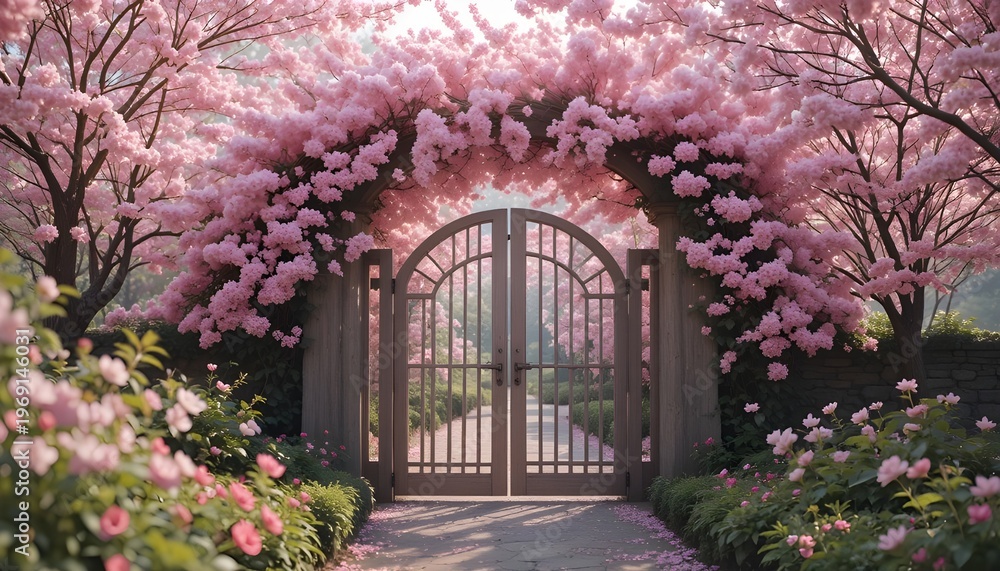 Obraz premium Pink blossom garden gate, soft light, ultra realistic, 8K