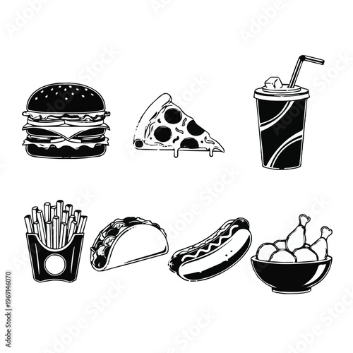 Fast food icons including burger pizza fries hot dog and drink