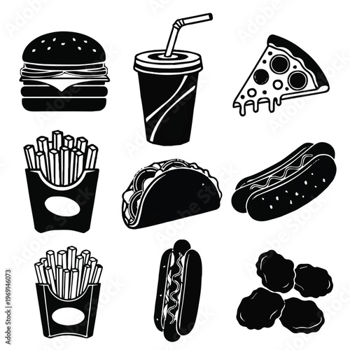 Black and white illustration of various fast food items