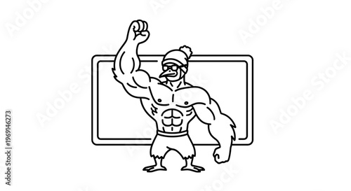 Mighty avian bodybuilder in a beanie flexing impressive muscles, a bold monochrome illustration