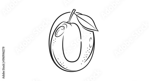Minimalist black outline drawing of a wholesome ripe fruit with a delicate leaf design on a clean