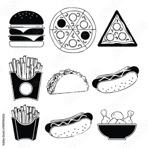 Fast food icons including burgers fries pizza tacos and hot dogs