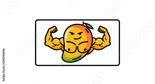 Vibrant cartoon mango character flexing muscular arms depicting healthy strength and tropical