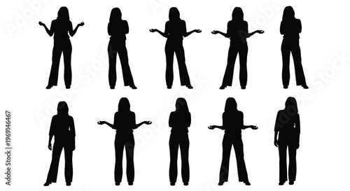 Vector graphic illustration of diverse female silhouettes in various dynamic standing poses and professional gestures.