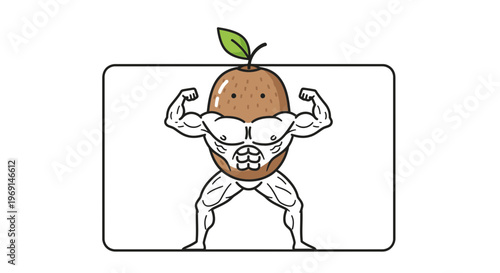 Powerful animated kiwi fruit flexing robust muscles in a humorous, healthy lifestyle illustration
