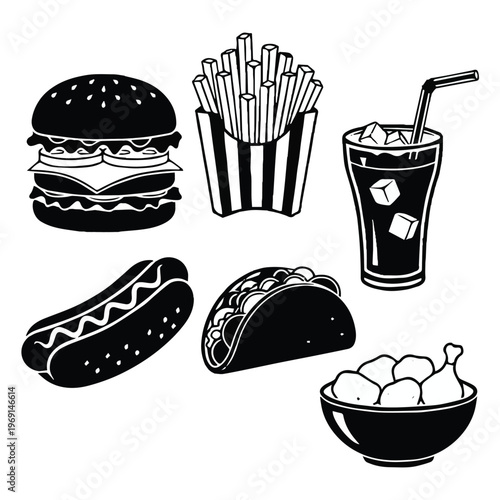 Fast food icons including burger hot dog taco fries soda and cotton candy