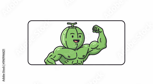 Vibrant muscular melon character flexing bicep showcasing strength and healthy eating habits
