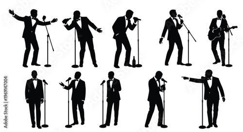 Dynamic vector graphic set featuring sophisticated male entertainers in suits performing various musical acts.