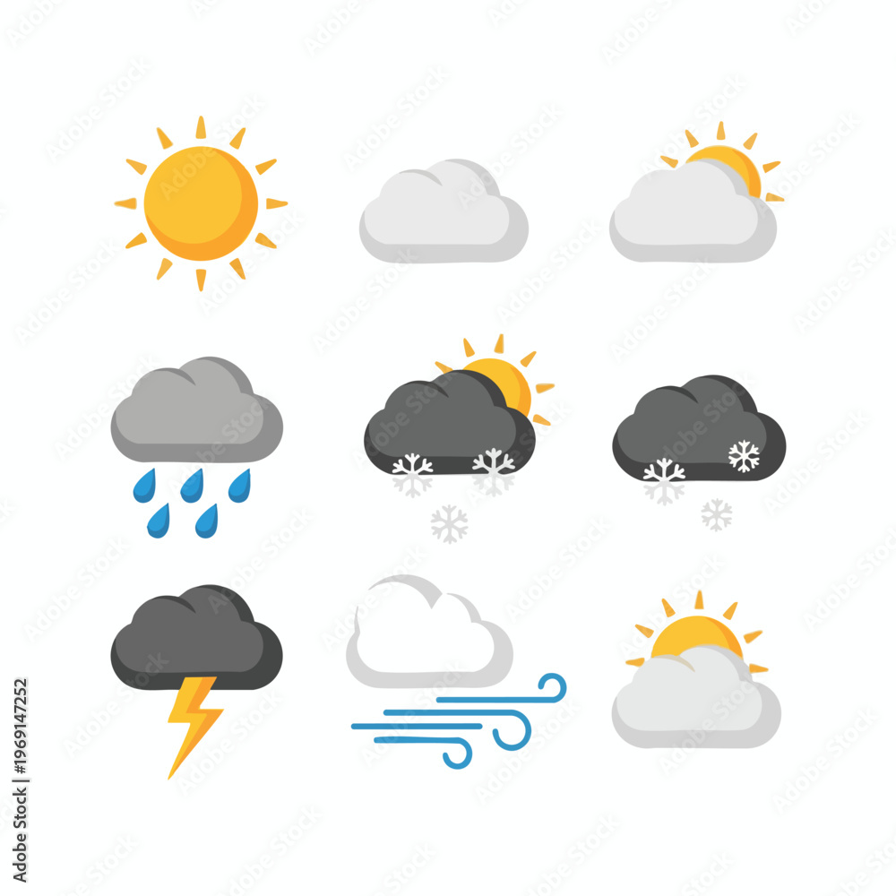 Obraz premium Weather icons depicting sun, clouds, rain, snow, lightning, and wind