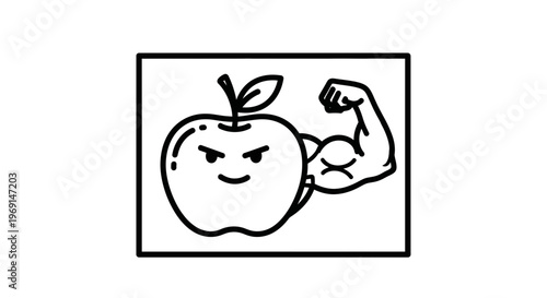 A determined cartoon apple proudly flexes its powerful bicep, symbolizing robust health and vitality