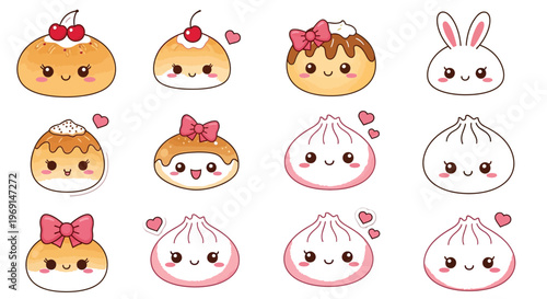 Adorable vector illustration of various kawaii sweet buns and steamed dumplings on a cheerful pink checkerboard grid.