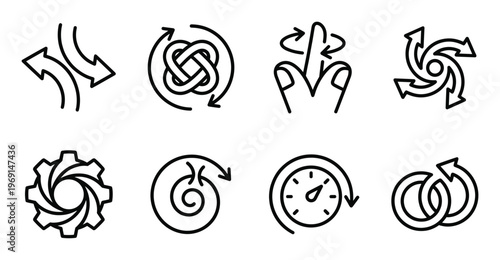 Abstract circular motion and rotation arrows set with spiral shapes for engineering and design theme