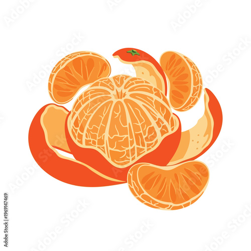 A partially peeled mandarin orange with segments artfully arranged around it
