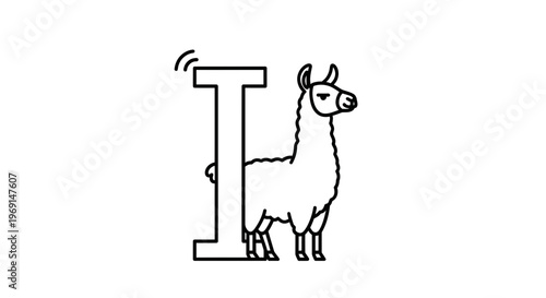 Minimalist black outline cartoon llama illustration standing next to a bold letter L on a crisp