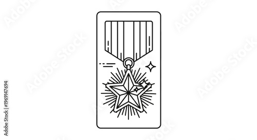 minimalist line art illustration of a distinguished achievement award medal with a shining star