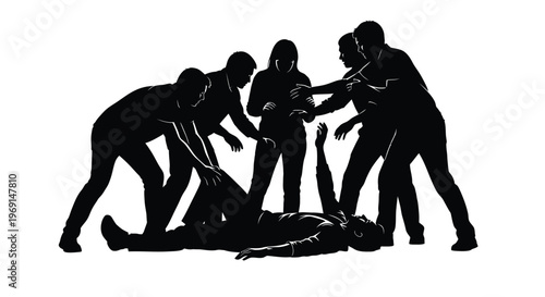 Vector graphic illustration showing several people assisting an injured or collapsed person in an emergency.