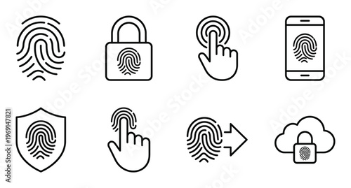 Biometric fingerprint security icons set for identity authentication and digital privacy protection