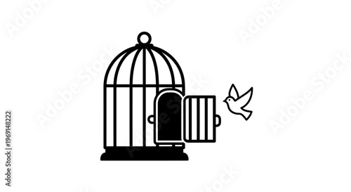 Bird escaping open cage freedom concept illustration.